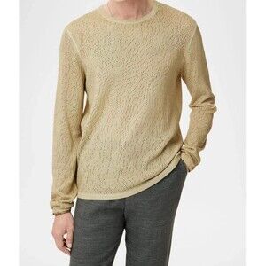 JOHN VARVATOS Mens Sweater Large Tan Pullover Crew CAMDEN Mesh Stitch Sheer $228